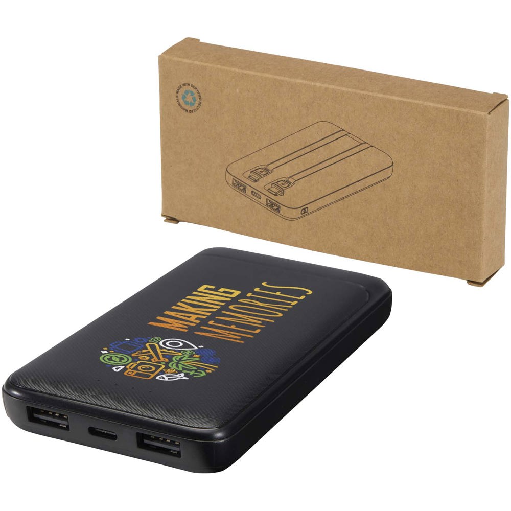 Adhil 10 W 10.000 mAh Powerbank aus recyceltem Kunststoff mit 2 integrierten Kabeln