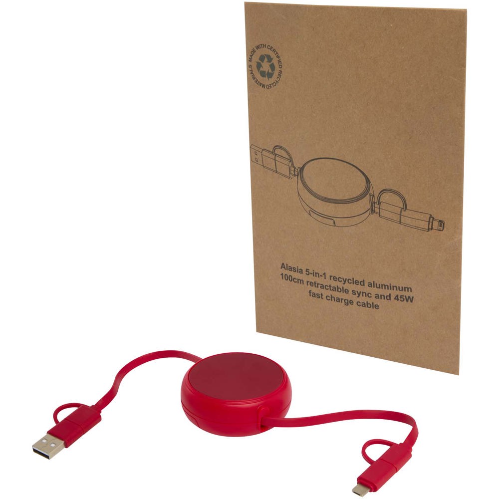 Alasia 100 cm 5-in-1 Kabel aus recyceltem Kunststoff und Aluminium, einziehbar, für Datenübertragung und mit 45W Schnellladun - Rot