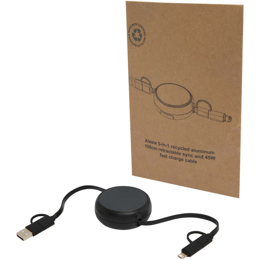 Alasia 100 cm 5-in-1 Kabel aus recyceltem Kunststoff und Aluminium, einziehbar, für Datenübertragung und mit 45W Schnellladun