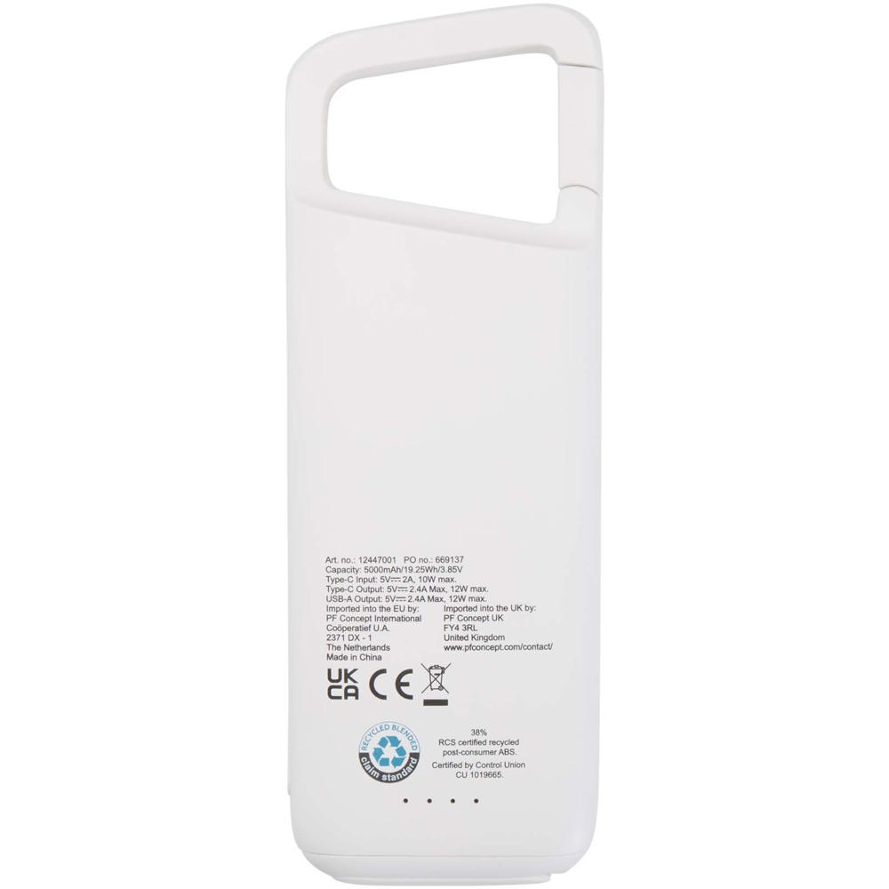Alkes 12 W 5.000 mAh wasserfeste Powerbank aus recyceltem Kunststoff mit Karabinerhaken