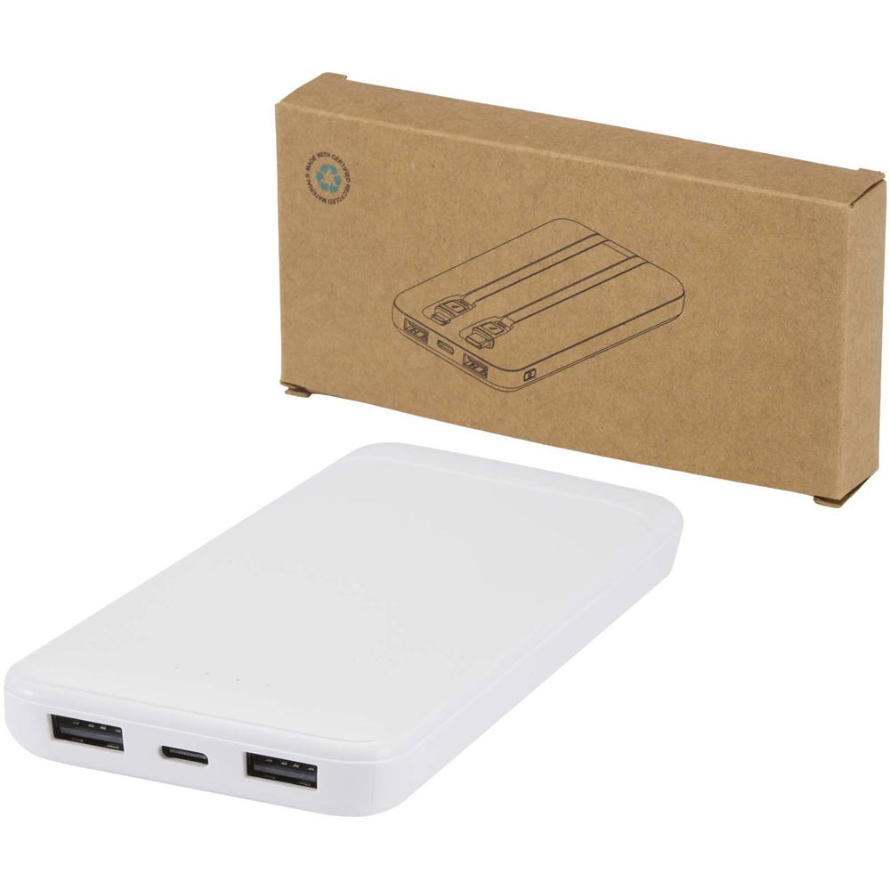 Adhil 10 W 10.000 mAh Powerbank aus recyceltem Kunststoff mit 2 integrierten Kabeln - weiss