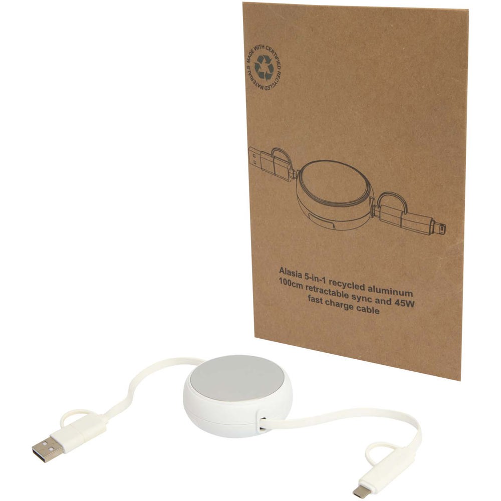 Alasia 100 cm 5-in-1 Kabel aus recyceltem Kunststoff und Aluminium, einziehbar, für Datenübertragung und mit 45W Schnellladun - Silber