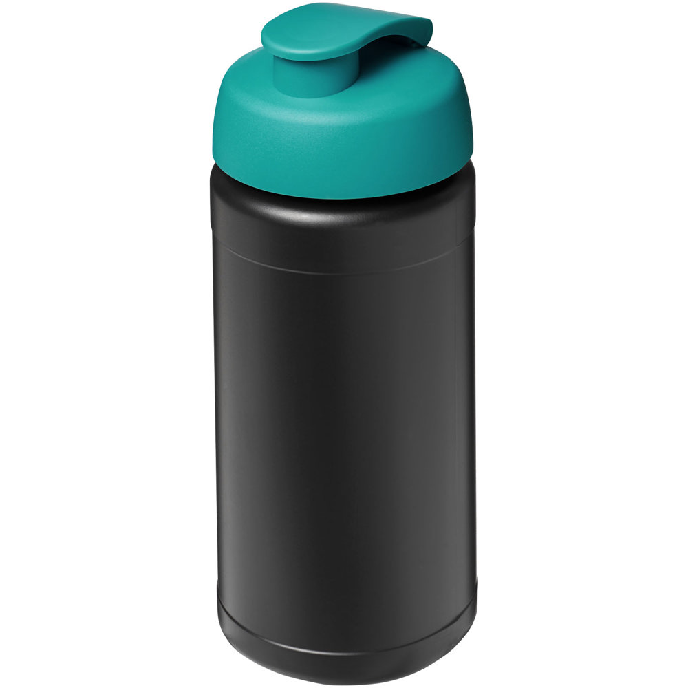 Baseline 500 ml recycelte Sportflasche mit Klappdeckel - schwarz, aquablau