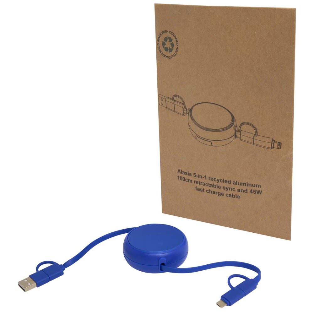 Alasia 100 cm 5-in-1 Kabel aus recyceltem Kunststoff und Aluminium, einziehbar, für Datenübertragung und mit 45W Schnellladun - royalblau