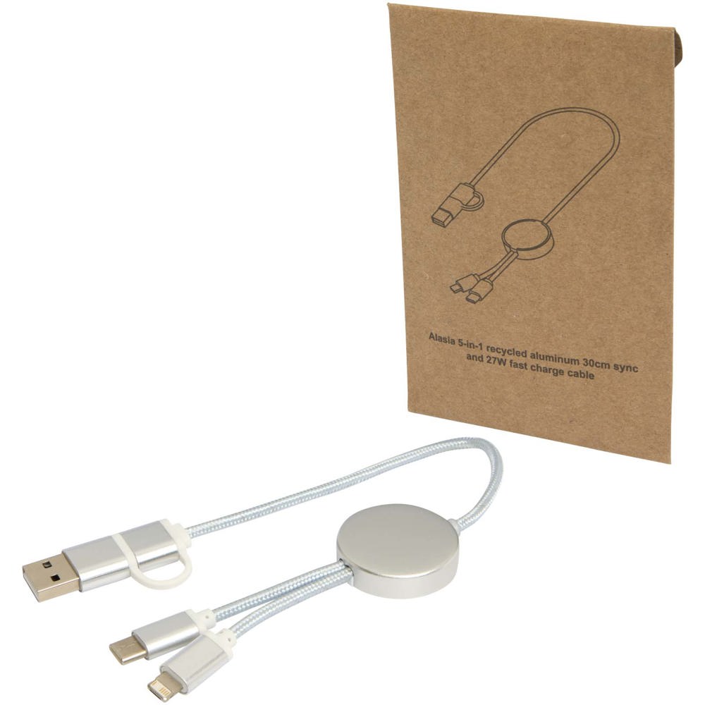 Alasia 30 cm 5-in-1 Kabel aus recyceltem Kunststoff für Datenübertragung und 27W Schnellladung - Silber